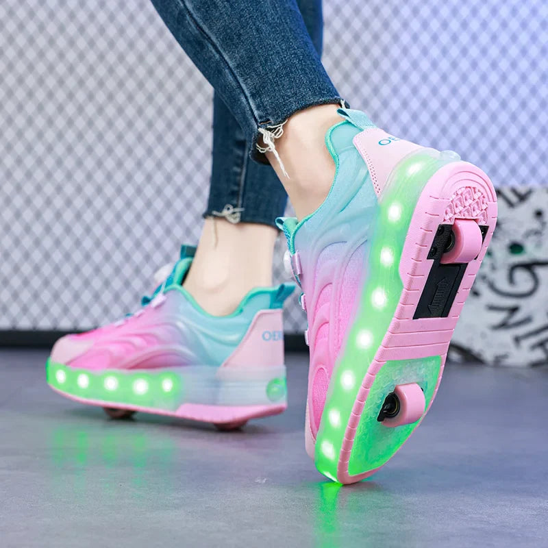 Kids LED Light-Up Sneakers Ages 7-13 - Breathable Mesh Patchwork High-Top with EVA Insole