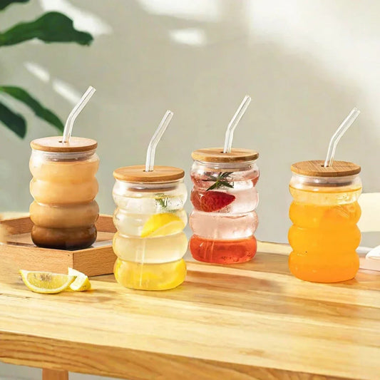 1/2/4-Pack Wave Glass Cups with Lid & Straw — 350ml (12 fl oz) Heat-Resistant Tumblers for Juice, Iced Coffee, Smoothies