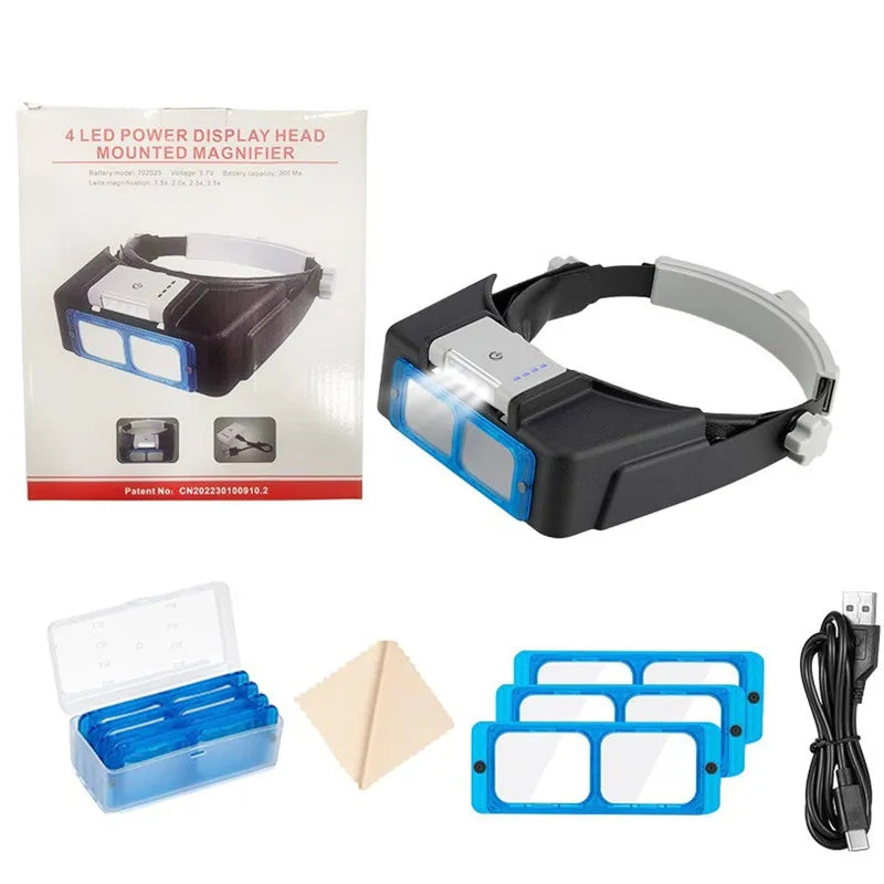 USB Rechargeable Headband Magnifier with 4 Interchangeable Lenses (1.5x, 2x, 2.5x, 3.5x) LED Lighted Loupe for Watch Repair Jewelry Soldering