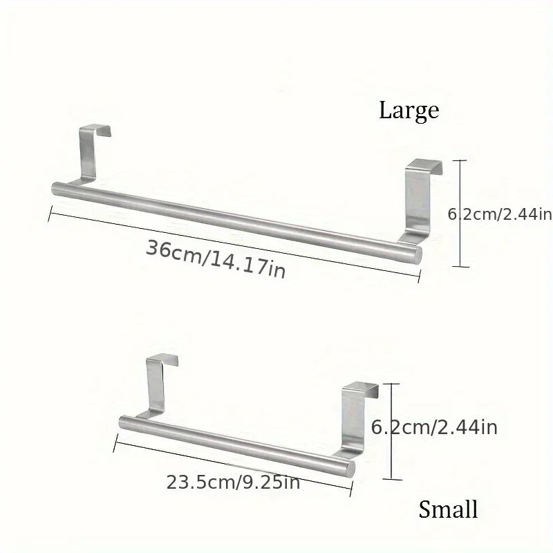 Stainless Steel Over-Door Towel Rack — Non-Drilling Hanging Towel Bar for Bathroom & Kitchen, Single Bar, 9.3/14.4 in (23.5/36.5 cm)
