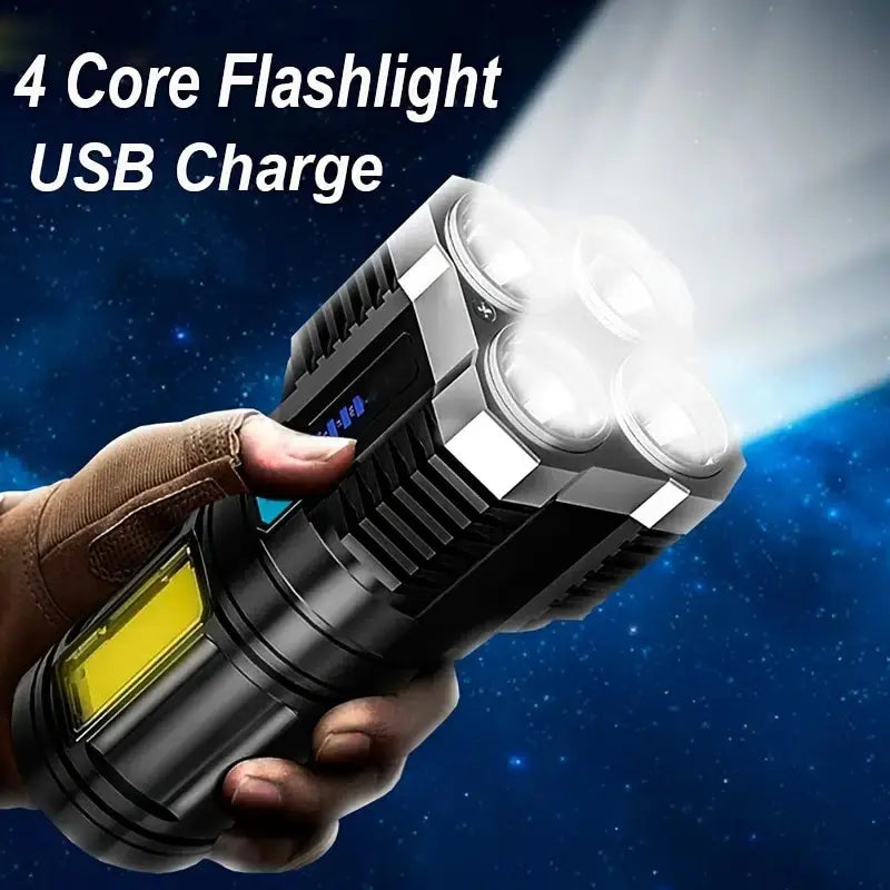 Rechargeable 1000-Lumen LED Flashlight with COB Side Light, 4 Modes, USB Charging, IP64 Waterproof for Camping & Hiking