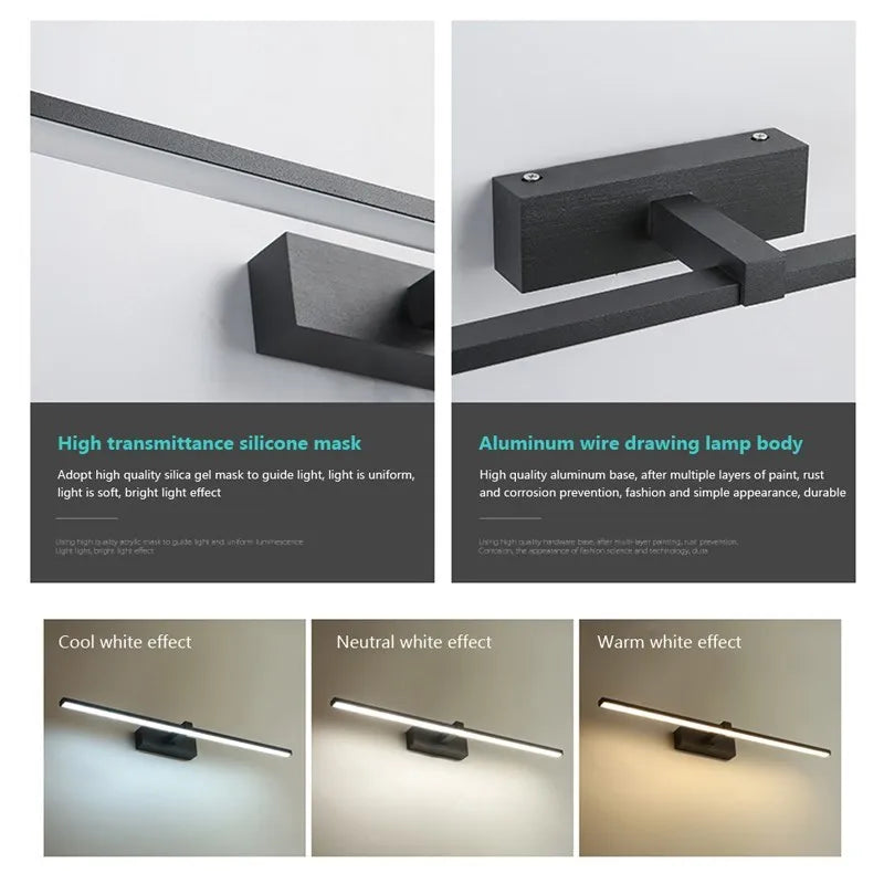 LED Bathroom Mirror Wall Light - Waterproof Modern Flat Touch Vanity Lamp, White/Black
