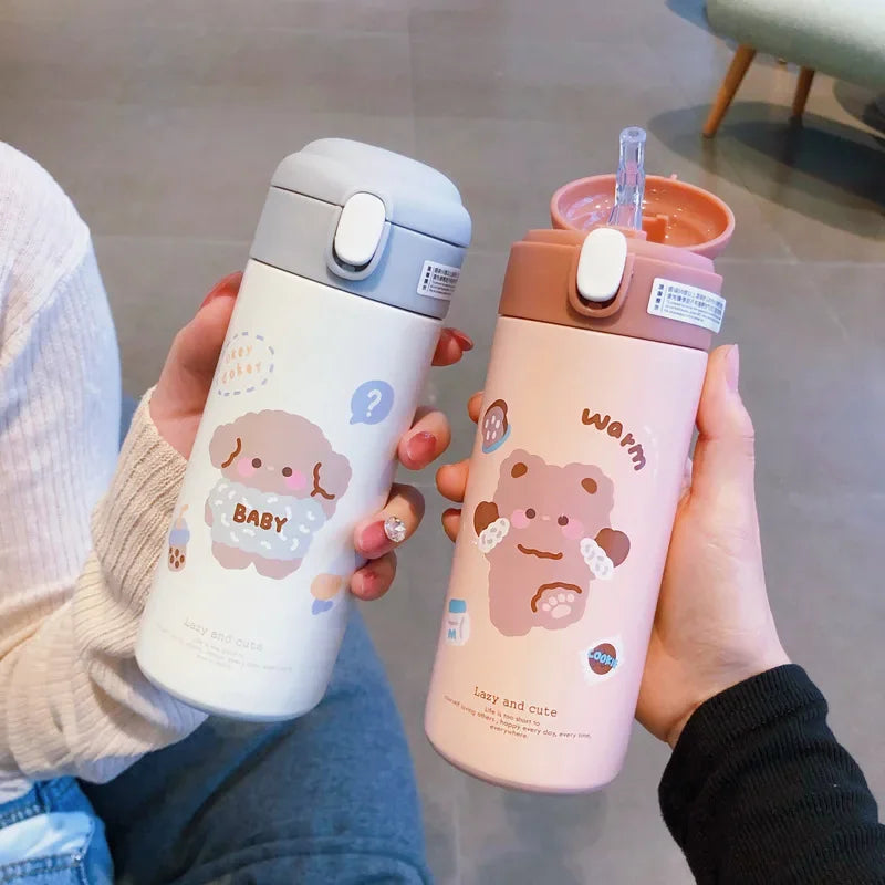 380ml Cute Cartoon Vacuum Flask - 304 Stainless Steel Insulated Water Bottle with Straw