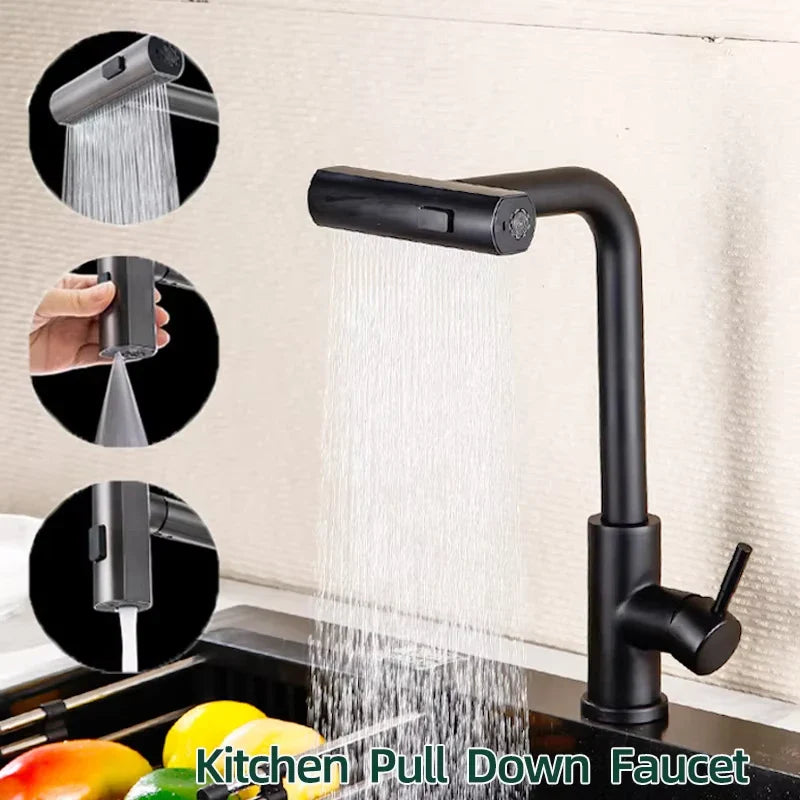 Grey/Silver Pull-Out Kitchen Faucet - Stainless Steel Deck-Mount Mixer with Retractable Spout, Single-Handle Hot & Cold, Stream/Shower Spray