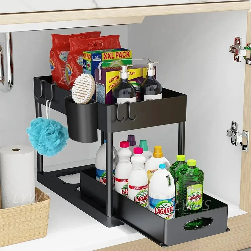 2-Tier Under-Sink Sliding Cabinet Organizer with Hooks and Hanging Cup - Bathroom & Kitchen Storage Rack