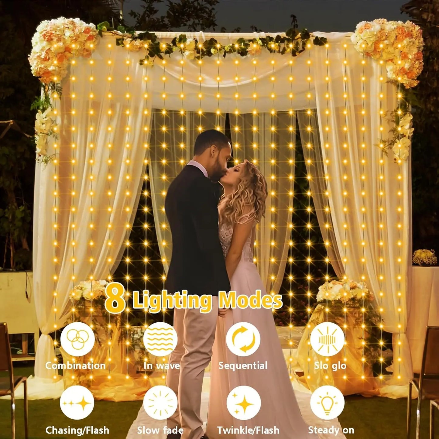 Solar-Powered Outdoor Waterproof Curtain String Lights - 300 LED Fairy Garland 9.8 x 9.8 ft (3 x 3 m) Warm White