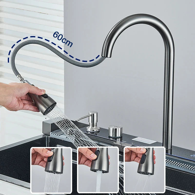 304 Stainless Steel Kitchen Sink with Digital Display Waterfall Faucet - Multifunctional Single Bowl 75 x 45 cm (29.5 x 17.7 in)