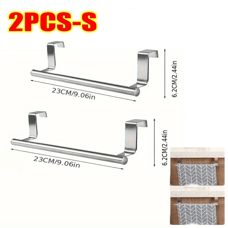 Stainless Steel Over-Door Towel Rack — Non-Drilling Hanging Towel Bar for Bathroom & Kitchen, Single Bar, 9.3/14.4 in (23.5/36.5 cm)
