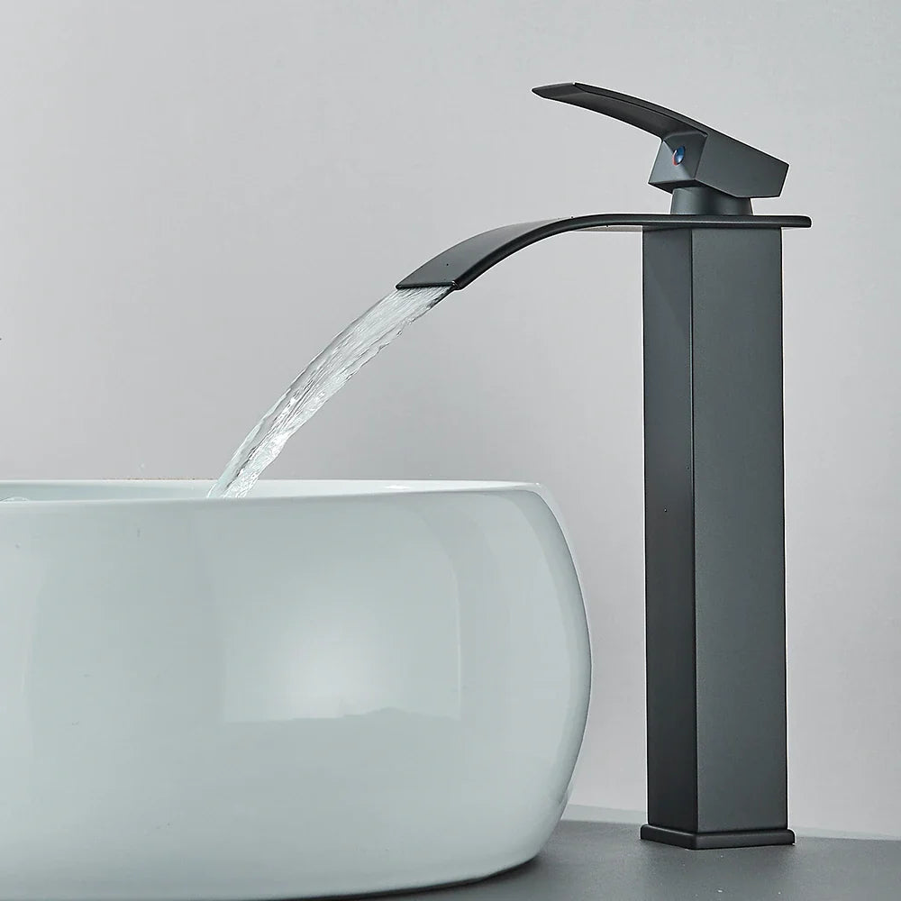 Matte Black Waterfall Basin Faucet - Single-Handle Mixer Tap for Bathroom Sink (Deck-Mounted, Hot & Cold)