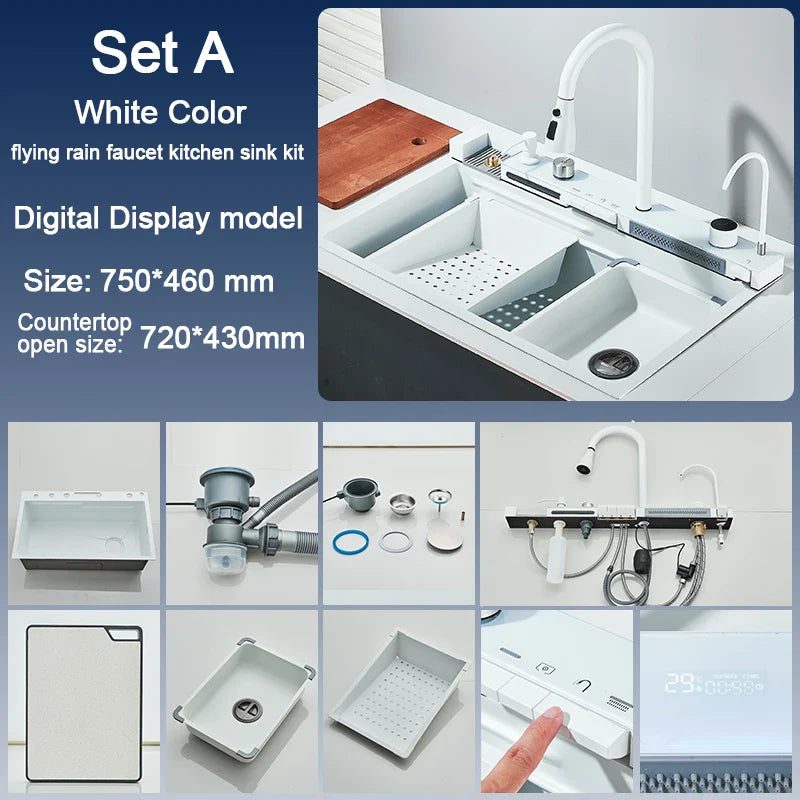 304 Stainless Steel Kitchen Sink with Digital Display Waterfall Faucet - Multifunctional Single Bowl 75 x 45 cm (29.5 x 17.7 in)