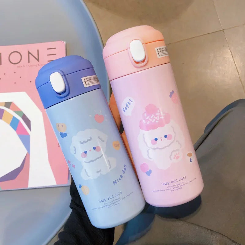 380ml Cute Cartoon Vacuum Flask - 304 Stainless Steel Insulated Water Bottle with Straw
