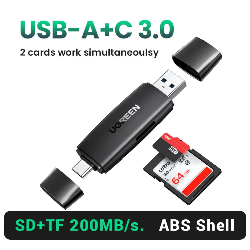 USB 3.0 & USB-C SD MicroSD TF Card Reader — Dual-Slot Memory Card Reader, OTG & Plug-and-Play, 5Gbps