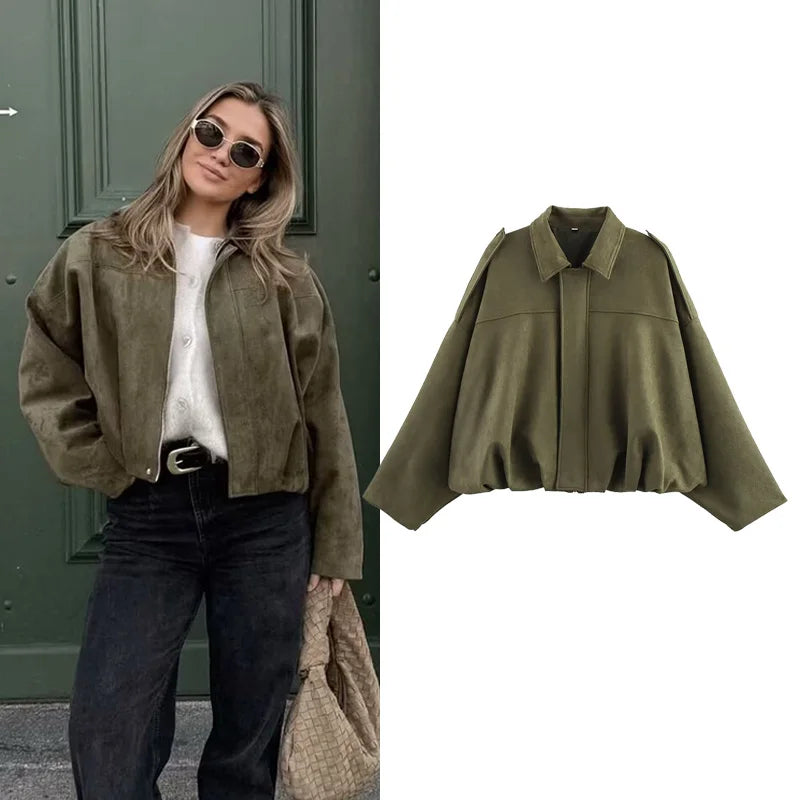 Women's Vintage Bomber Jacket Turn-Down Collar Long Sleeve Loose Fit Outerwear
