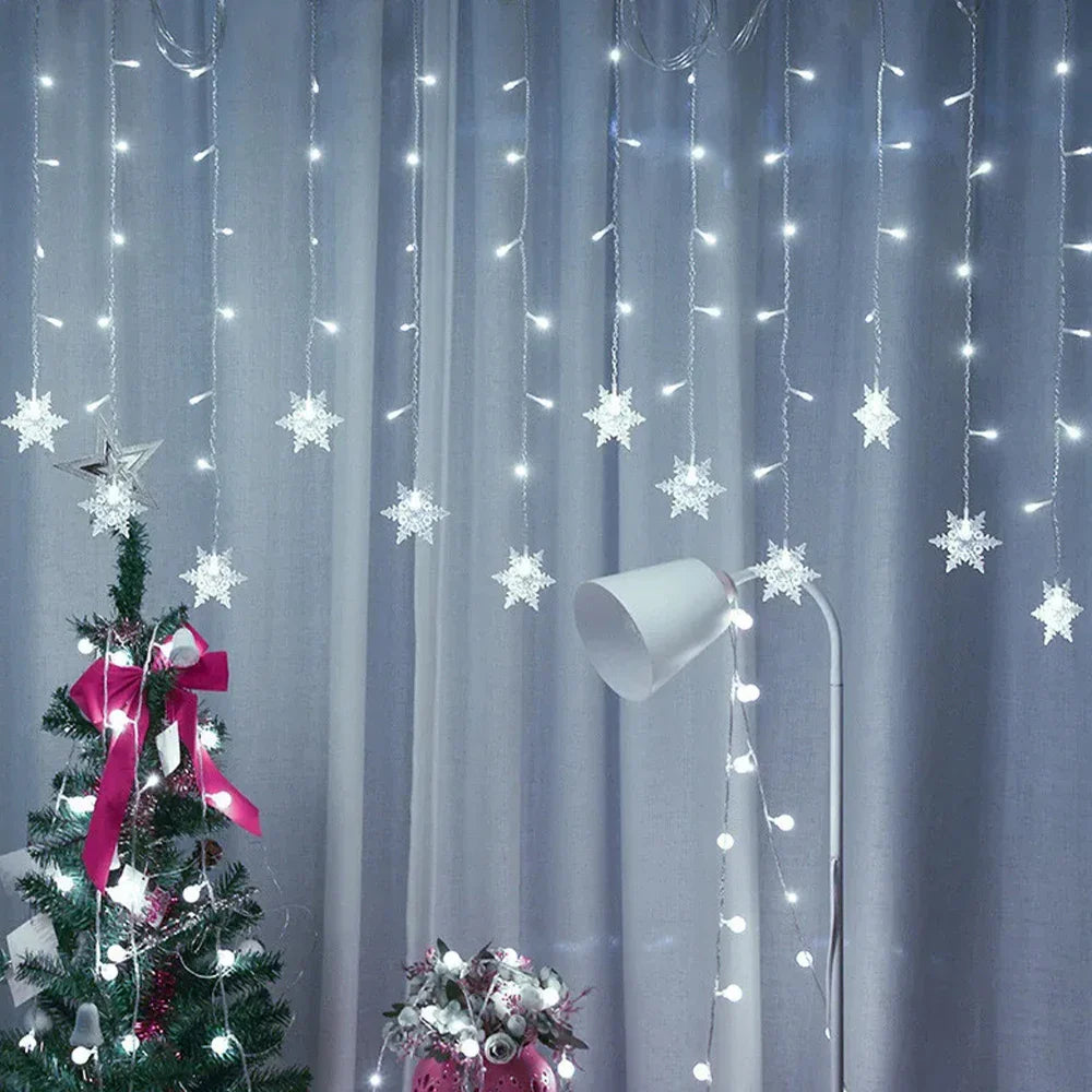 Snowflake LED Curtain String Lights 96-LED 3.5m (11.5ft) Fairy Christmas Lights 8 Modes IP44 Waterproof 50–70cm (20–28in) Drops EU/US Plug