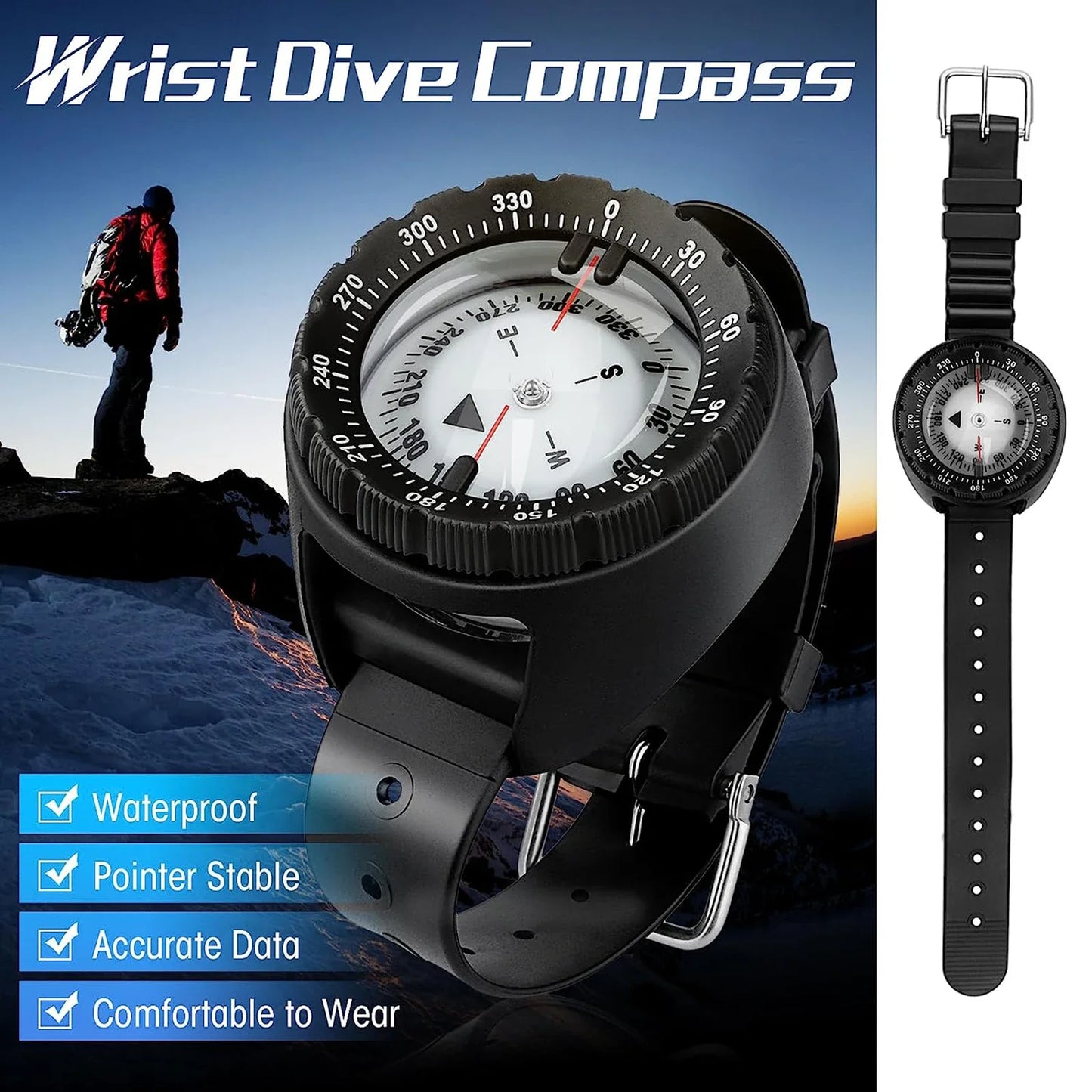 Digital Underwater Diving Compass Wristwatch 50m Waterproof Luminous Scuba Navigator