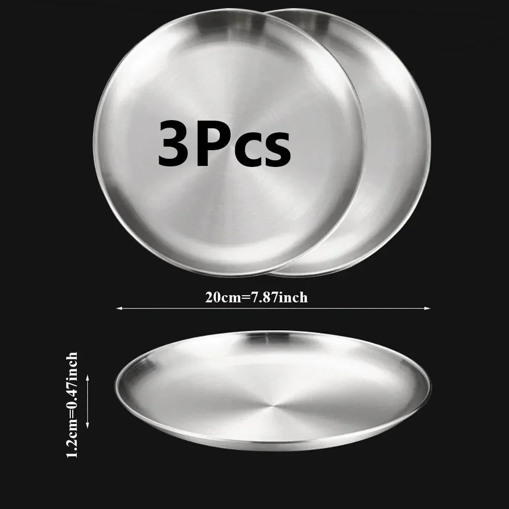 3-Piece Stainless Steel Round Shallow Plates Set – Rust-Resistant Camping, BBQ & Picnic Dishes (14–30 cm / 5.5–11.8 in)