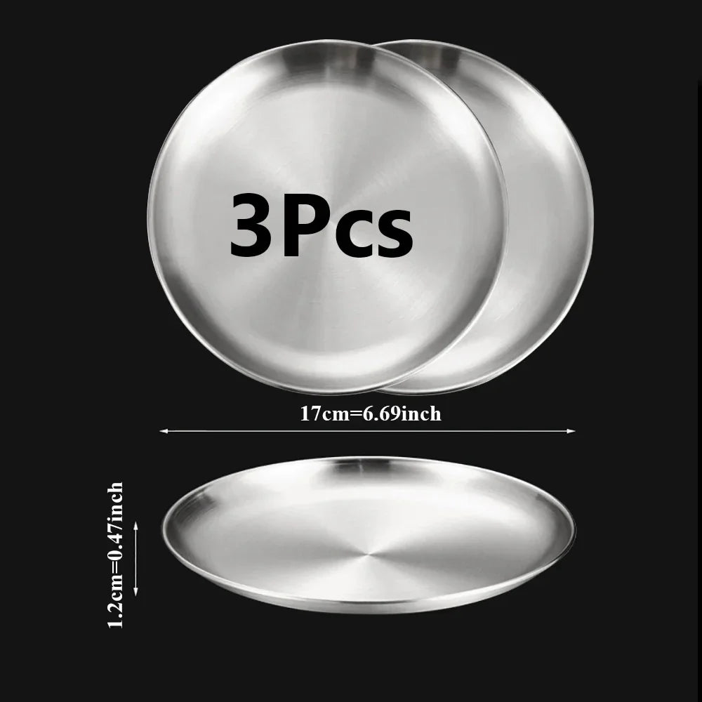 3-Piece Stainless Steel Round Shallow Plates Set – Rust-Resistant Camping, BBQ & Picnic Dishes (14–30 cm / 5.5–11.8 in)