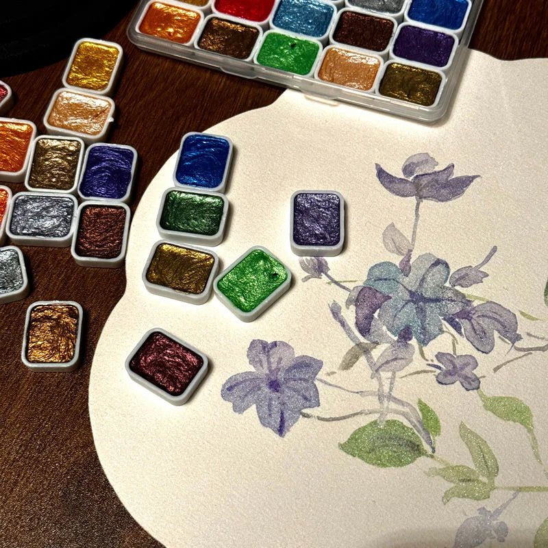 20-Color Metallic Watercolor Set - Portable Metal Tin with Shimmer Pearl Solid Paints and Art Supplies