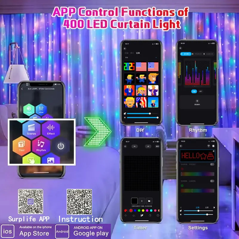 400 LED Smart Curtain Fairy Lights - App & Remote, Music Sync RGB, IP65 Waterproof, 1×1–3×3 m (3.3–9.8 ft)