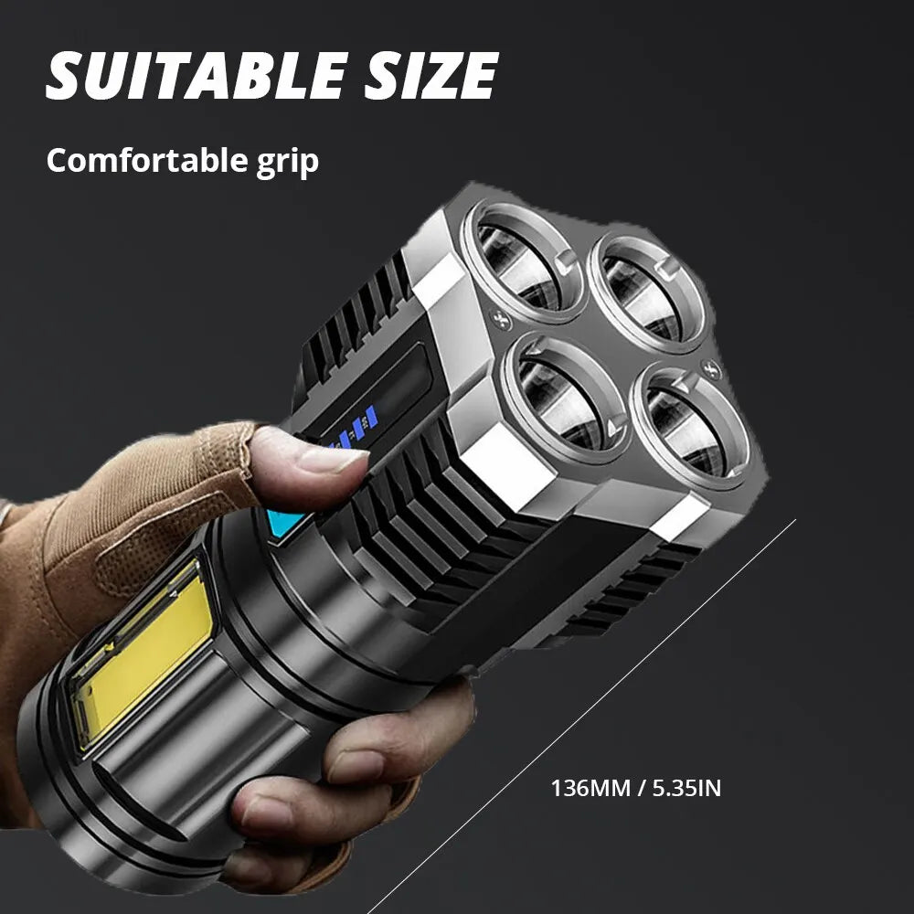 Rechargeable 1000-Lumen LED Flashlight with COB Side Light, 4 Modes, USB Charging, IP64 Waterproof for Camping & Hiking