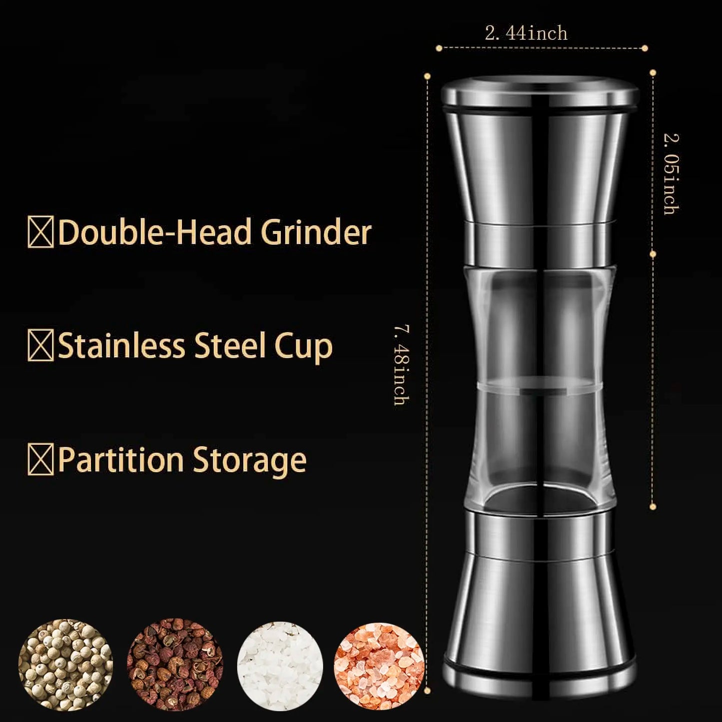 2-in-1 Salt & Pepper Grinder - 304 Stainless Steel Manual Mill with Dual Chambers & Adjustable Coarseness