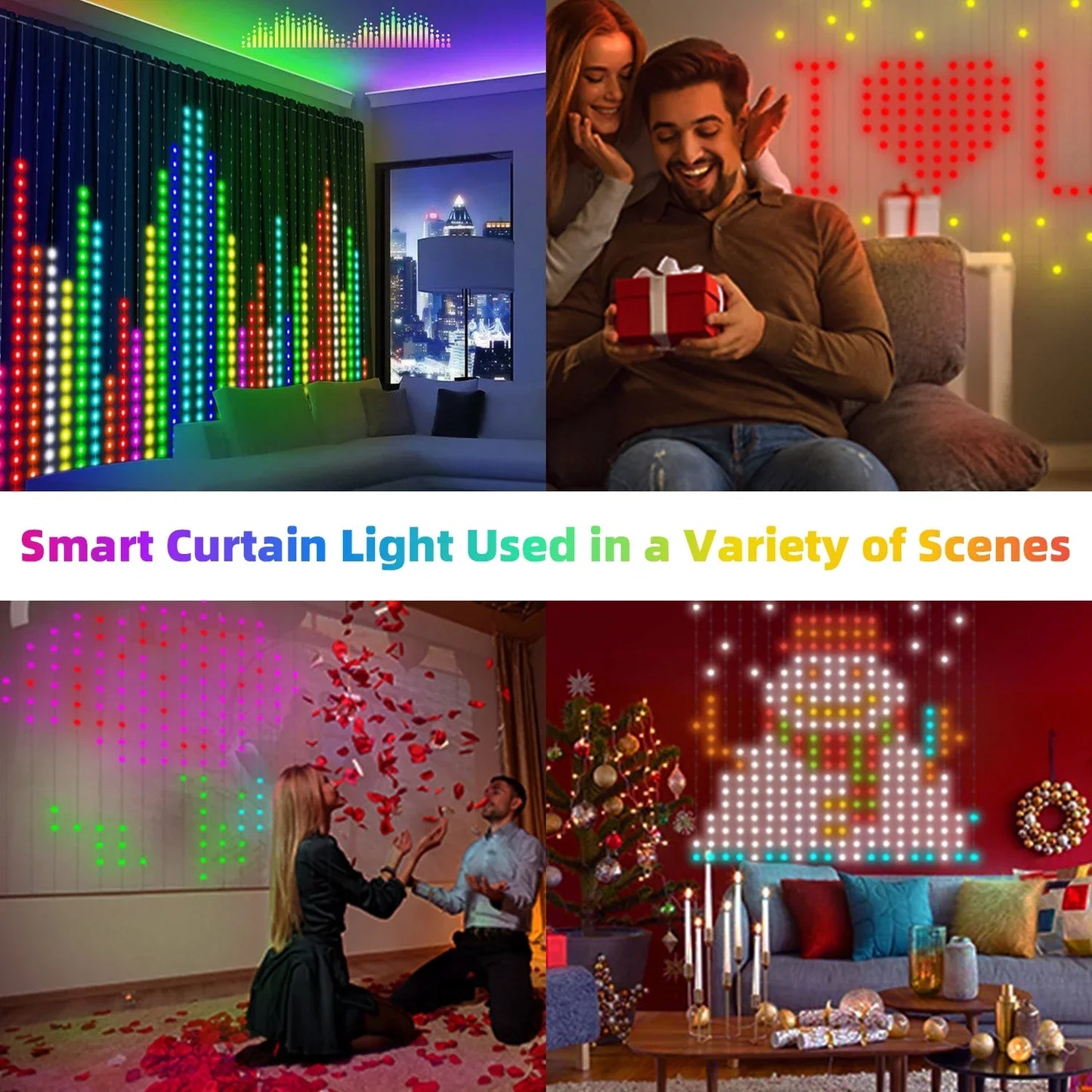 400 LED Smart Curtain Fairy Lights - App & Remote, Music Sync RGB, IP65 Waterproof, 1×1–3×3 m (3.3–9.8 ft)