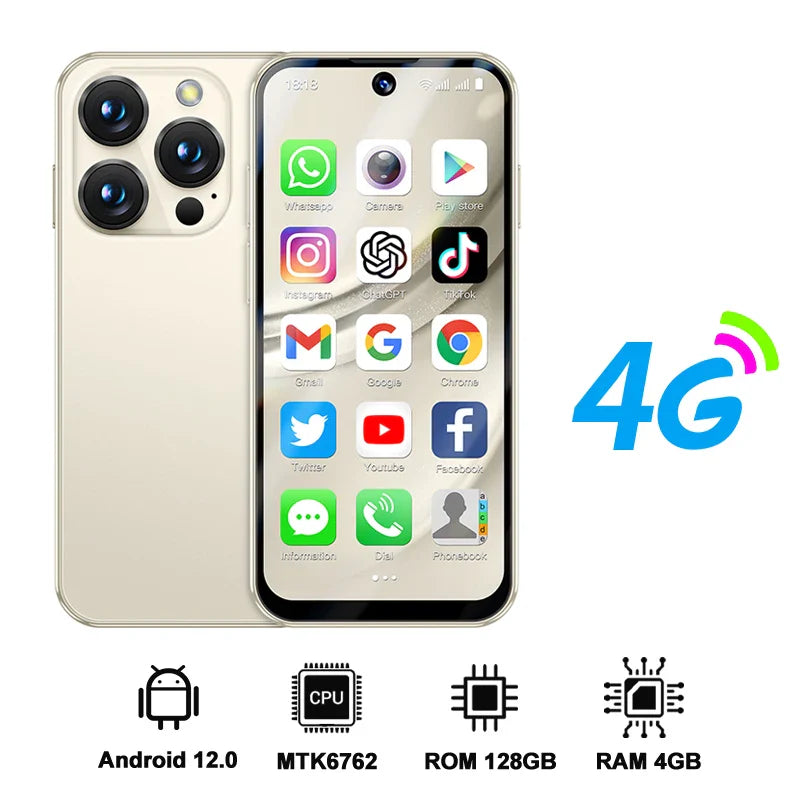 Mini Android Smartphone 3.88 in (9.86 cm) HD Display, 4G LTE Unlocked, 4GB/128GB or 2GB/16GB, 2000mAh Battery