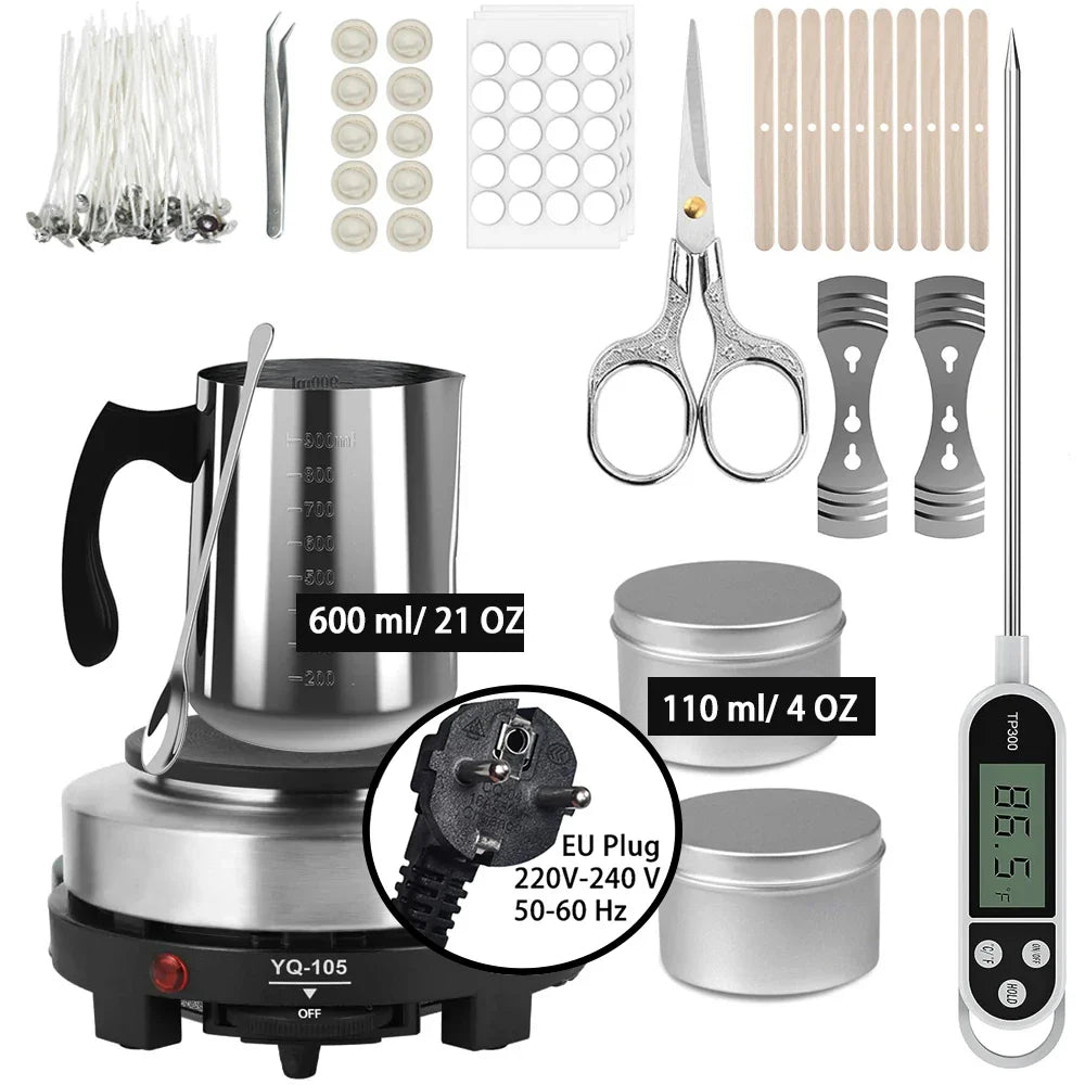 DIY Candle Making Kit with 500W Electric Hot Plate, 900ml/600ml Stainless Steel Melting Pot, Thermometer & Candle Tins