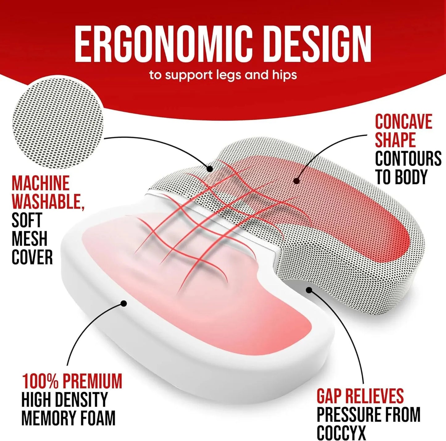 Ergonomic Memory Foam Seat Cushion for Office Chair – Hemorrhoid & Coccyx Support, Removable Washable Cover