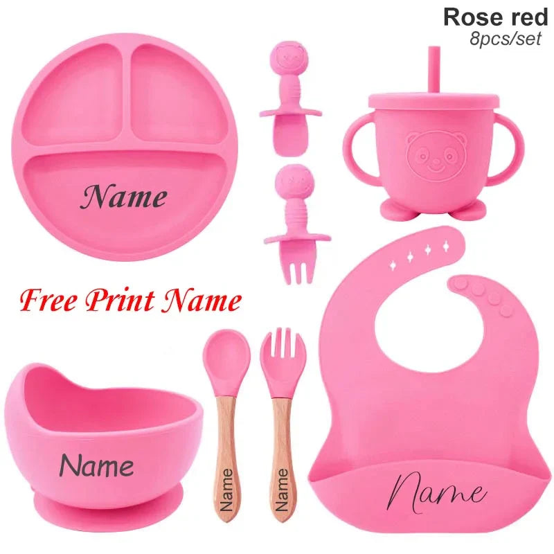 Personalized 8-Piece Baby Feeding Set Silicone Suction Plate Bowl Straw Cup Utensils Custom Name Baby Gift