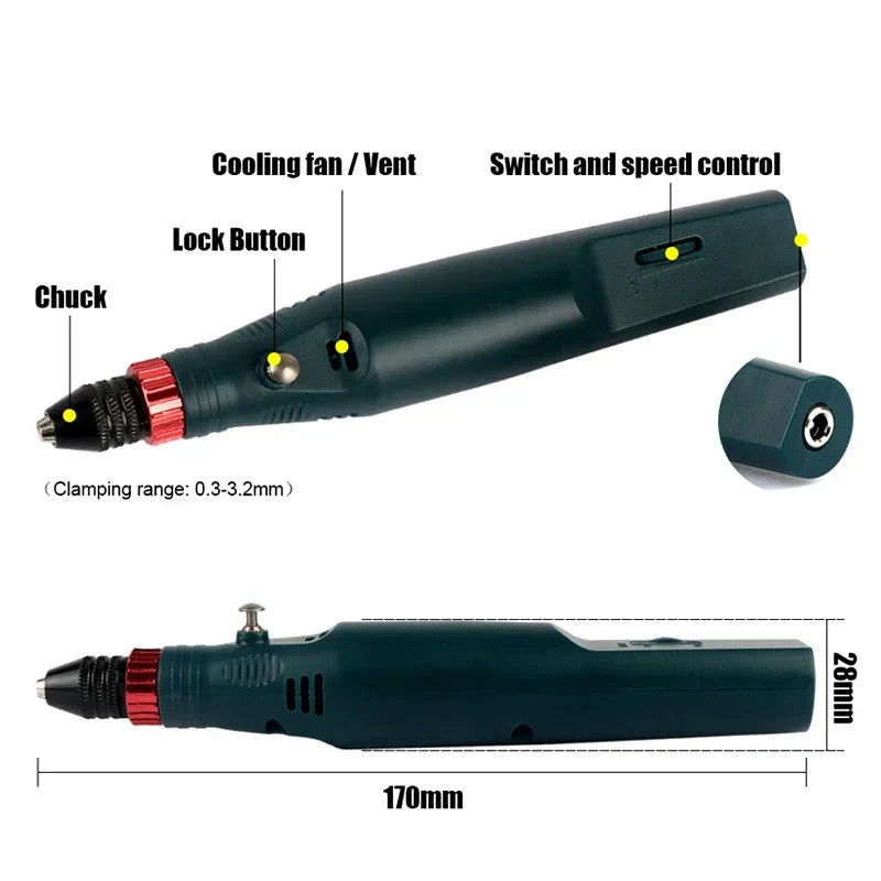 12V 24W Mini Electric Rotary Tool 2000-18000 RPM Handheld Drill Grinder with Precision Chuck