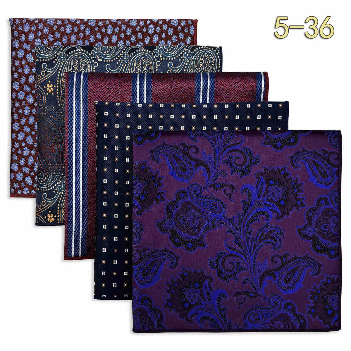 5-Pack Men's Microfiber Pocket Squares 12.6 in (32 cm) - Jacquard Woven Wedding & Formal Handkerchiefs, Assorted Patterns