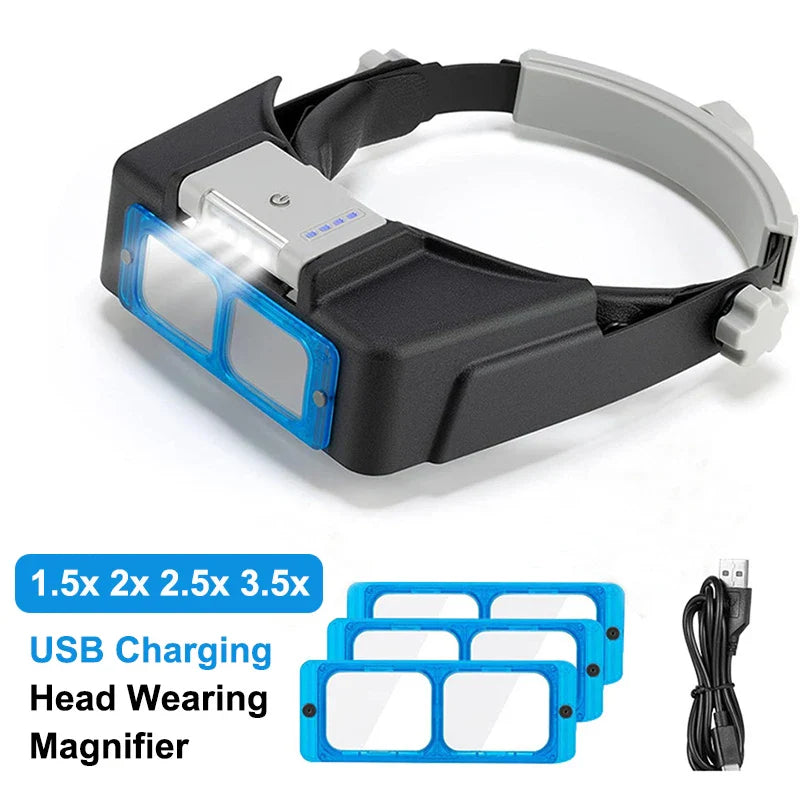 USB Rechargeable Headband Magnifier with 4 Interchangeable Lenses (1.5x, 2x, 2.5x, 3.5x) LED Lighted Loupe for Watch Repair Jewelry Soldering