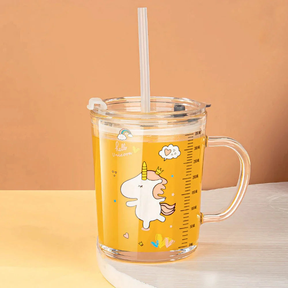 350ml Unicorn Kids Glass Cup with Lid and Straw, Transparent Milk and Breakfast Cup with Measuring Scale