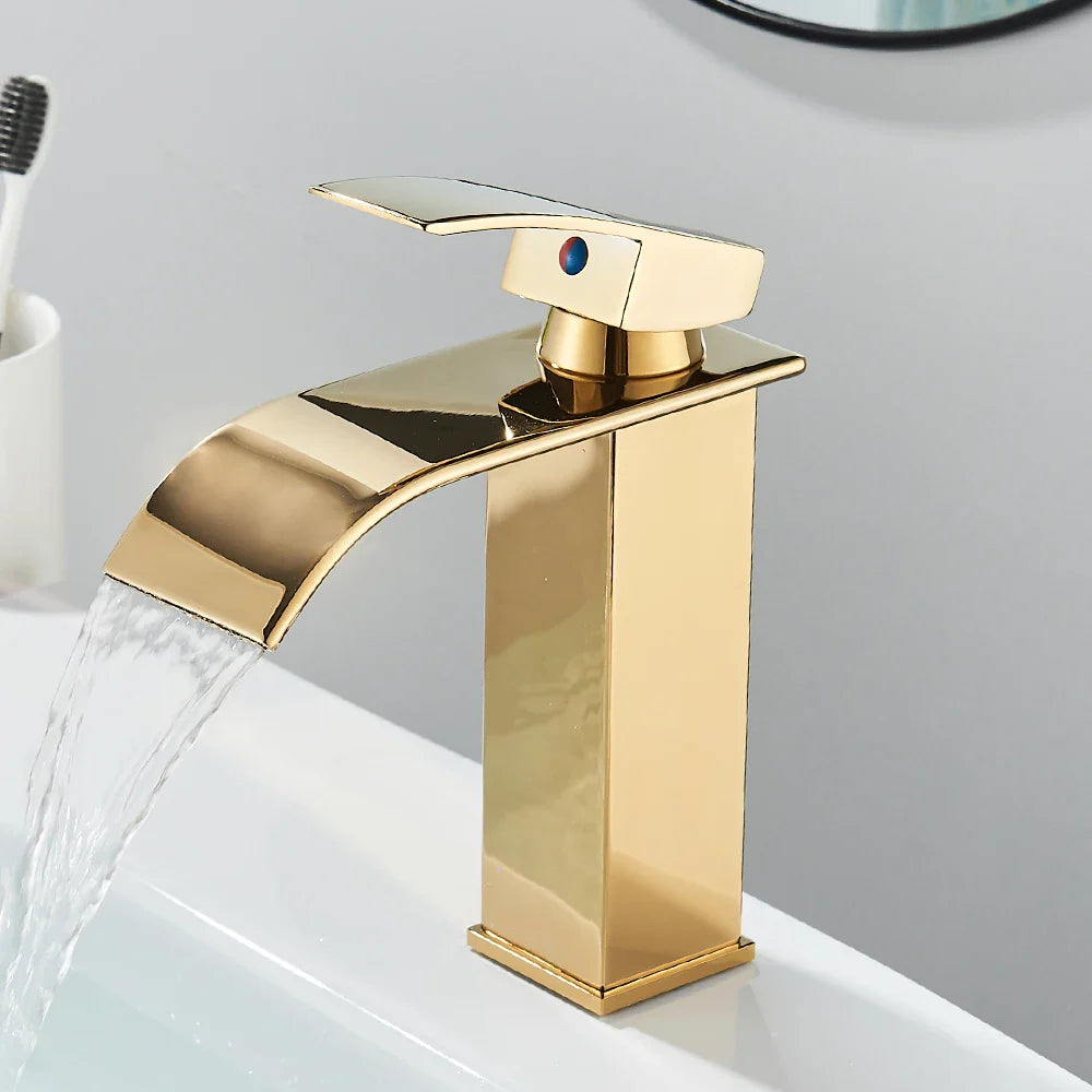 Matte Black Waterfall Basin Faucet - Single-Handle Mixer Tap for Bathroom Sink (Deck-Mounted, Hot & Cold)