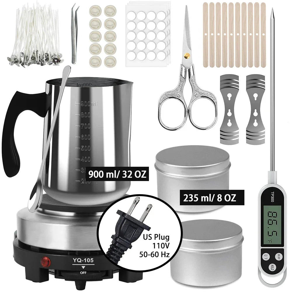 DIY Candle Making Kit with 500W Electric Hot Plate, 900ml/600ml Stainless Steel Melting Pot, Thermometer & Candle Tins