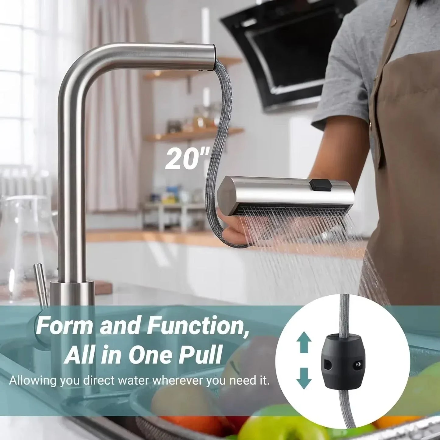 Grey/Silver Pull-Out Kitchen Faucet - Stainless Steel Deck-Mount Mixer with Retractable Spout, Single-Handle Hot & Cold, Stream/Shower Spray