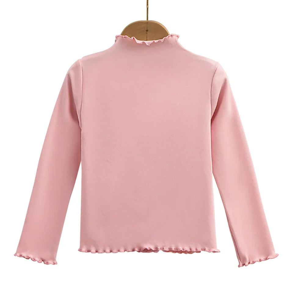 Girls Turtleneck Long Sleeve Lettuce-Edge Knit Tee – Solid Color Autumn Winter Top