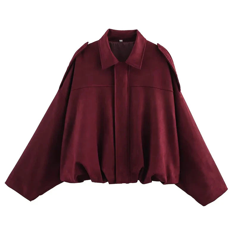 Women's Vintage Bomber Jacket Turn-Down Collar Long Sleeve Loose Fit Outerwear