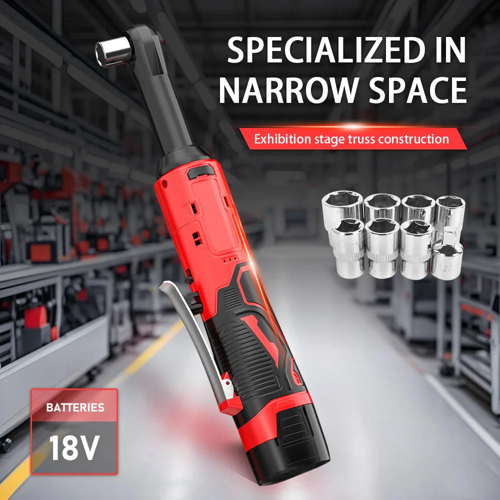 18V Cordless 90° Right Angle Electric Ratchet Wrench — Lithium-Ion Torque Tool Set for Auto & DIY (Extended Reach)