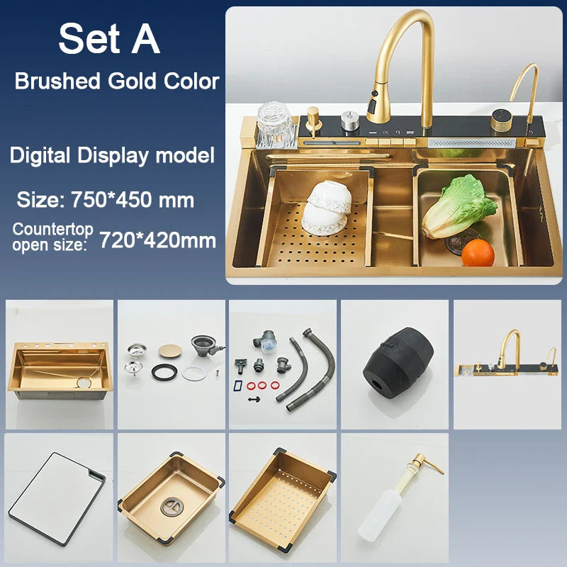 304 Stainless Steel Kitchen Sink with Digital Display Waterfall Faucet - Multifunctional Single Bowl 75 x 45 cm (29.5 x 17.7 in)