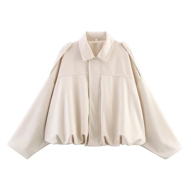 Women's Vintage Bomber Jacket Turn-Down Collar Long Sleeve Loose Fit Outerwear