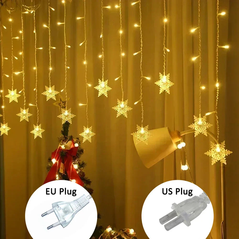 Snowflake LED Curtain String Lights 96-LED 3.5m (11.5ft) Fairy Christmas Lights 8 Modes IP44 Waterproof 50–70cm (20–28in) Drops EU/US Plug