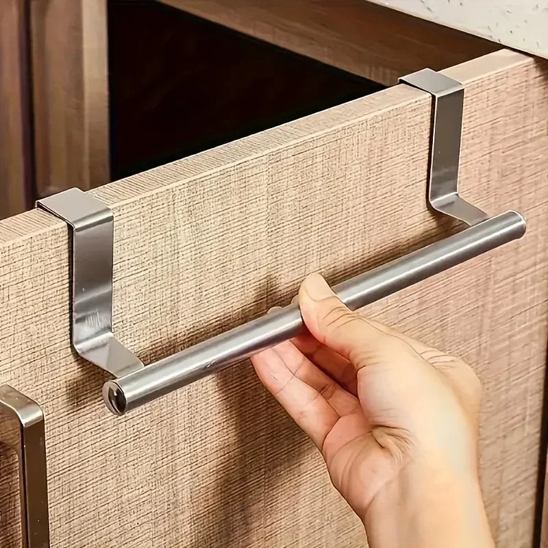 Stainless Steel Over-Door Towel Rack — Non-Drilling Hanging Towel Bar for Bathroom & Kitchen, Single Bar, 9.3/14.4 in (23.5/36.5 cm)