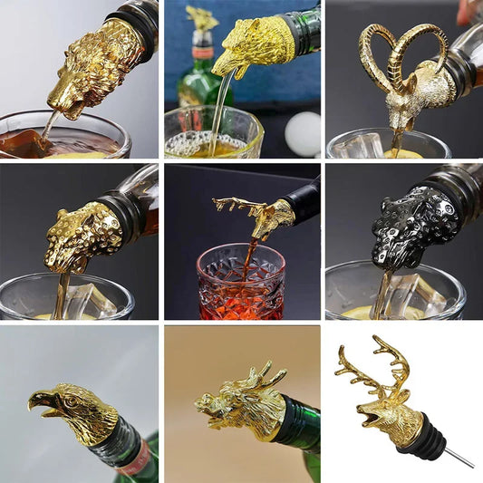 Zinc Alloy Animal Head Wine Pourer - Decorative Bottle Pour Spout & Stopper (Deer, Elk, Lion, Leopard, Wolf, Eagle, Dragon)