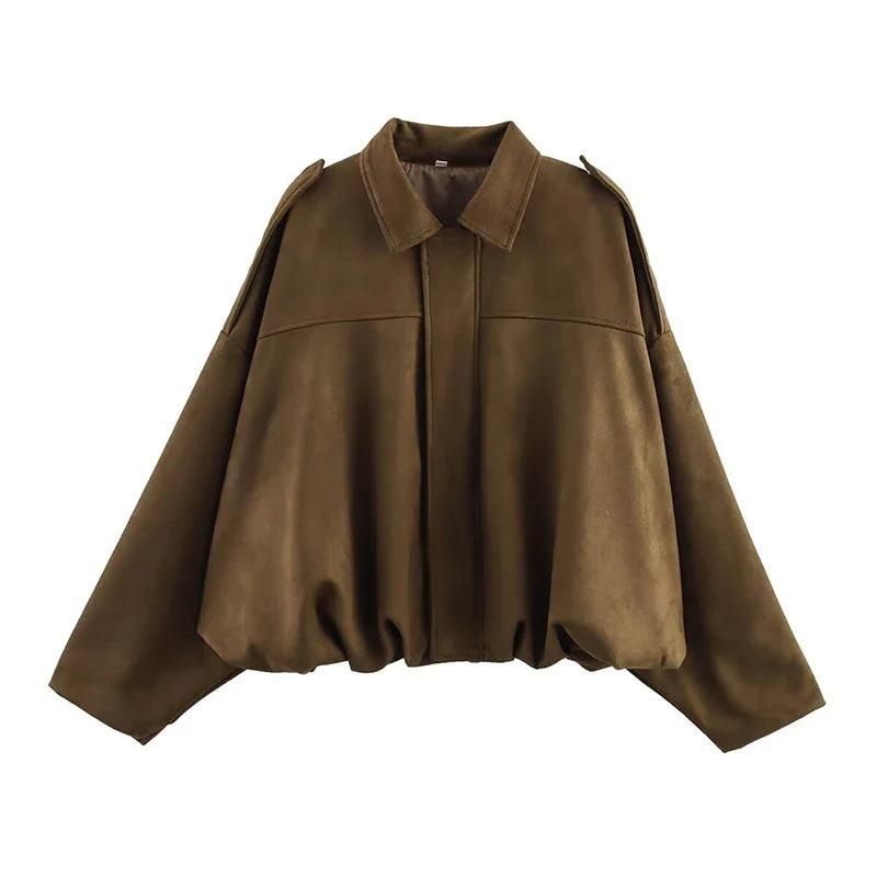 Women's Vintage Bomber Jacket Turn-Down Collar Long Sleeve Loose Fit Outerwear