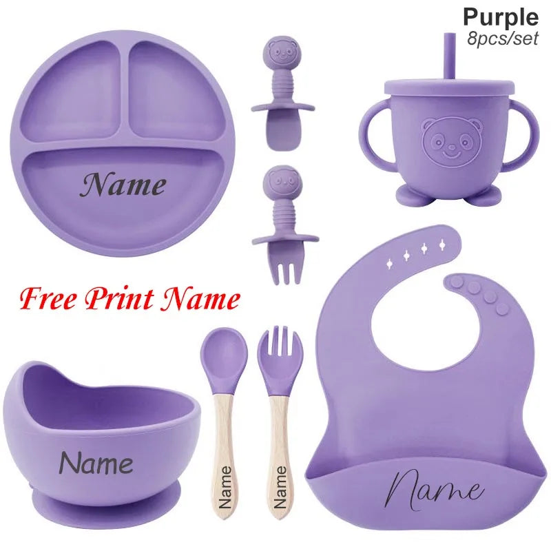 Personalized 8-Piece Baby Feeding Set Silicone Suction Plate Bowl Straw Cup Utensils Custom Name Baby Gift