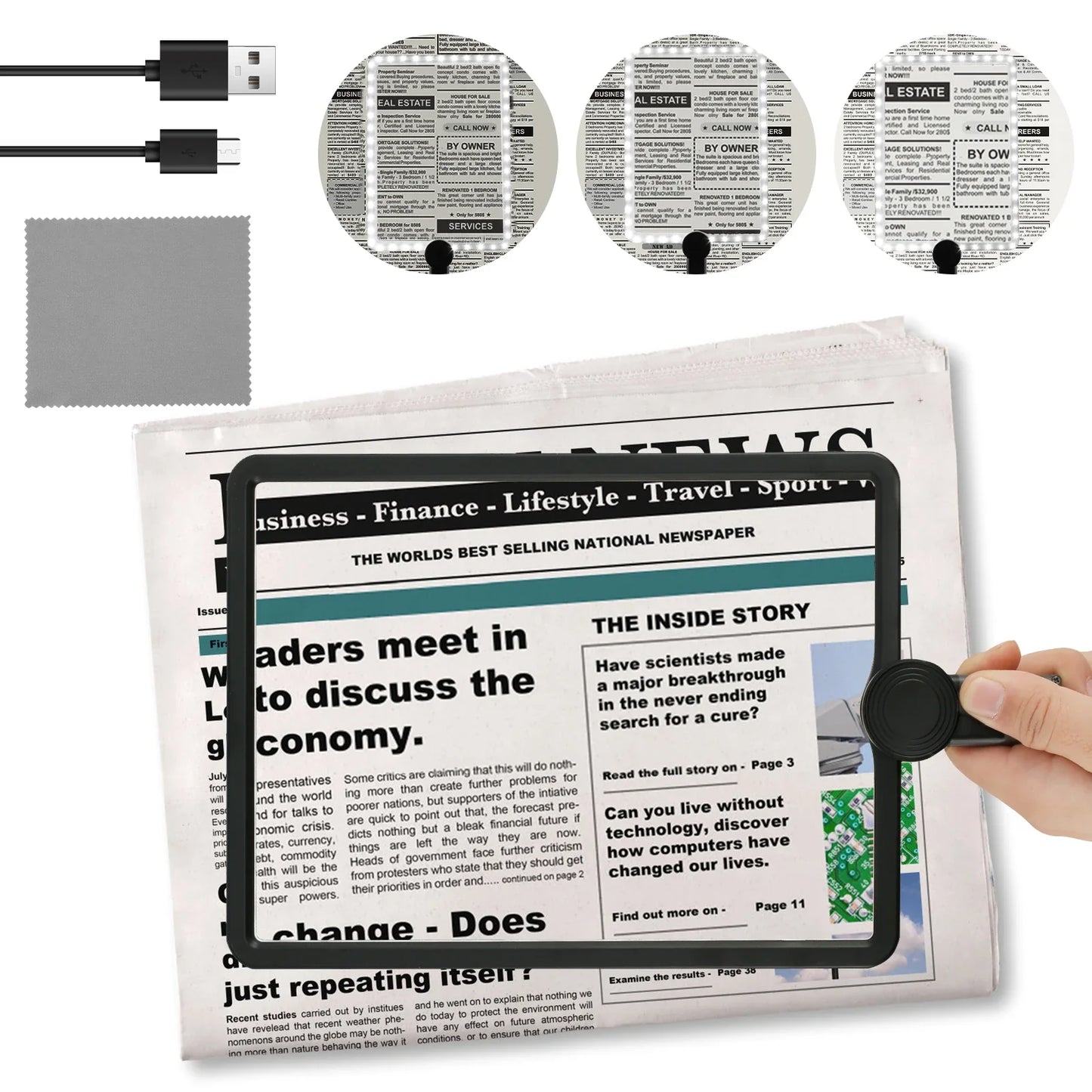 5X Hands-Free Neck Magnifier with Dimmable LED Light — 9.4 × 6.5 in (240 × 170 mm) Rechargeable 3‑in‑1 Reading Magnifying Glass