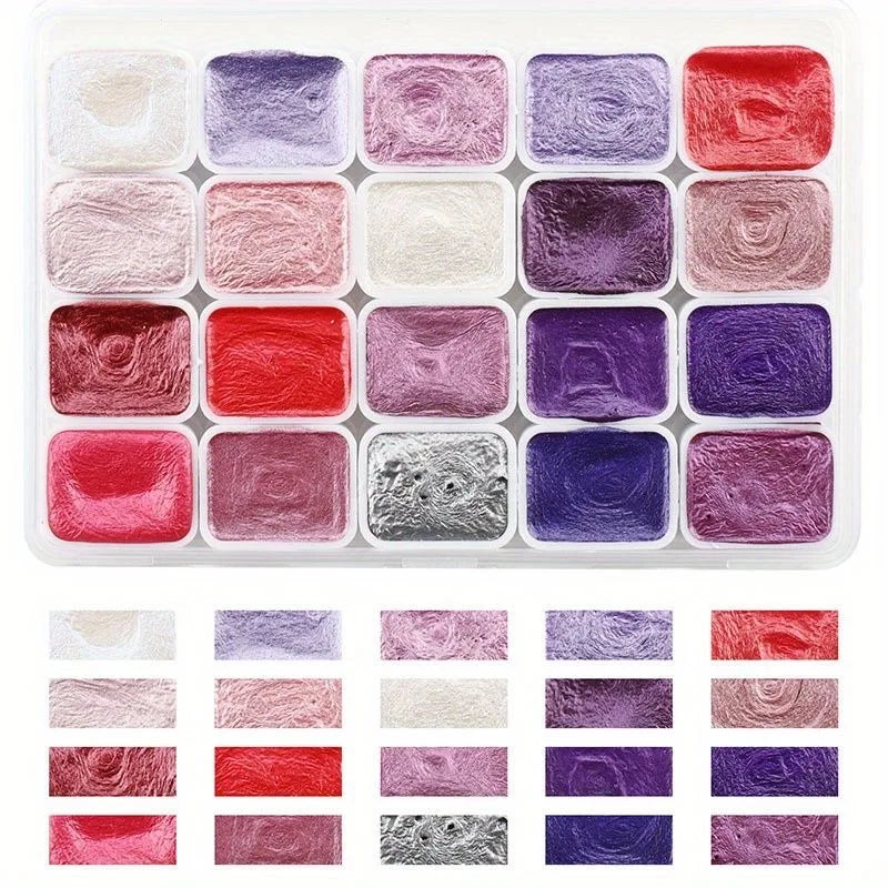20-Color Metallic Watercolor Set - Portable Metal Tin with Shimmer Pearl Solid Paints and Art Supplies