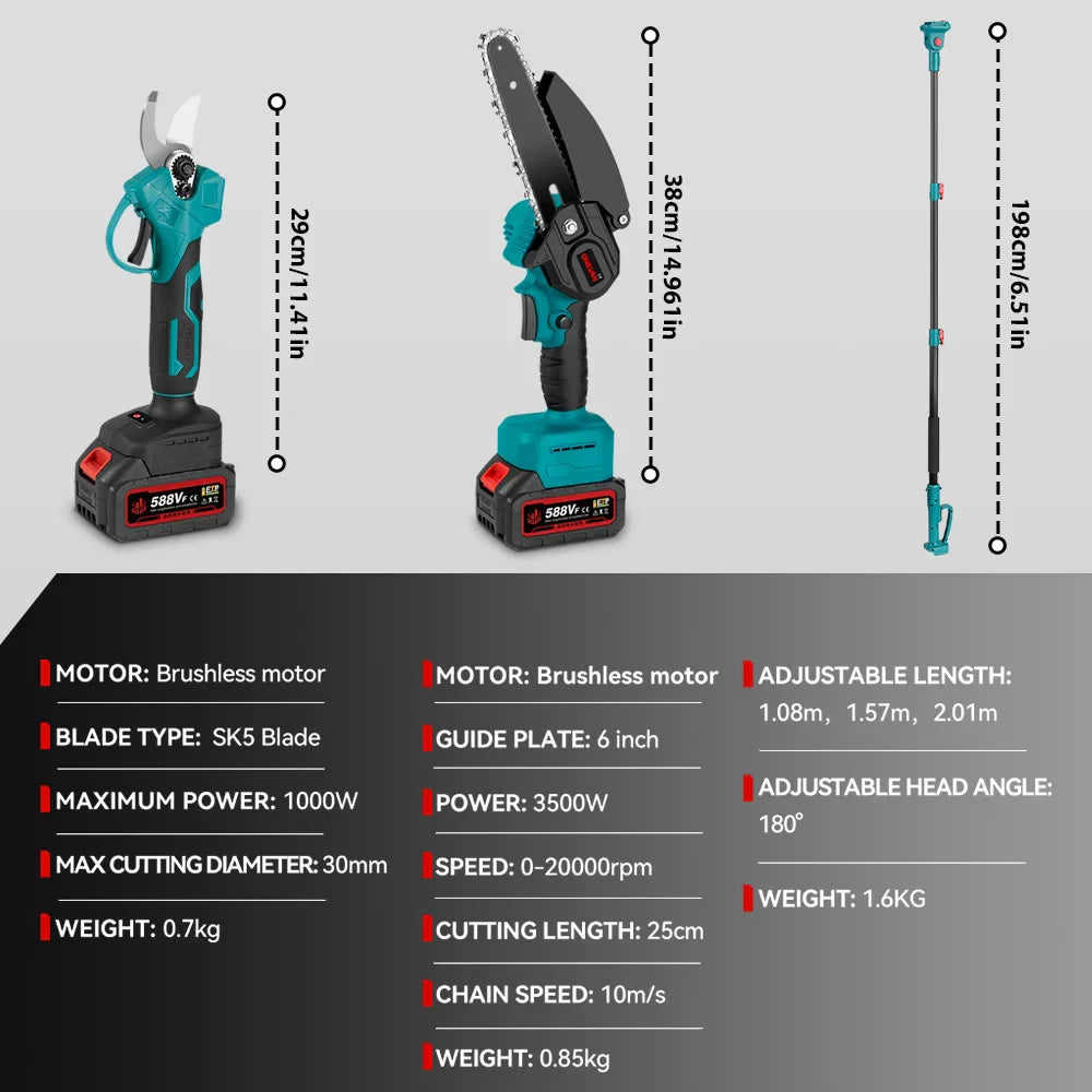 2-in-1 Brushless Pole Chainsaw & Pruning Shears — 6 in (150 mm) Guide Bar, 3500W Cordless Telescoping Pole Saw, 18–21V